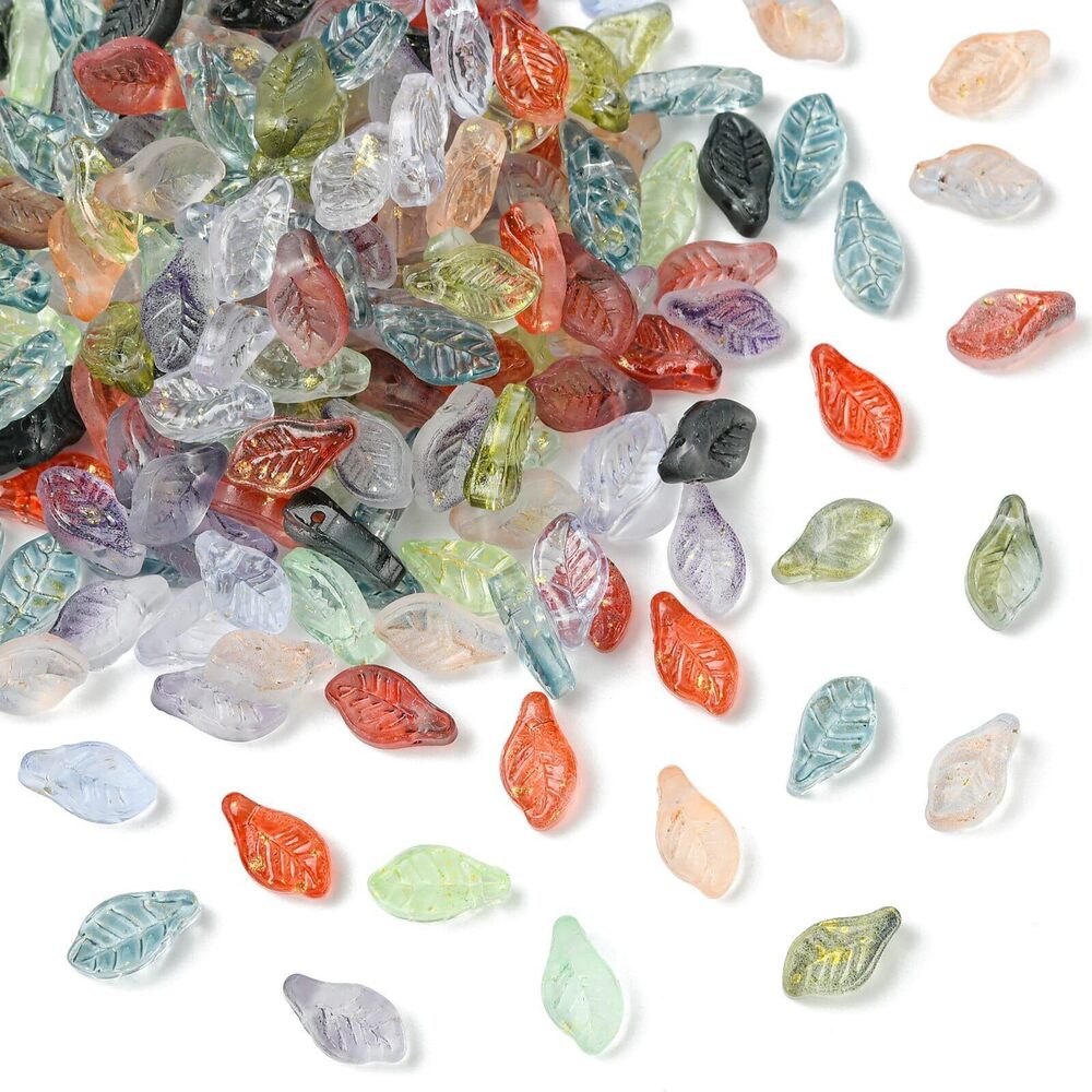 7914 200Pcs Green Leaf Charms Beads Handmade Lampwork Transparent Leaves